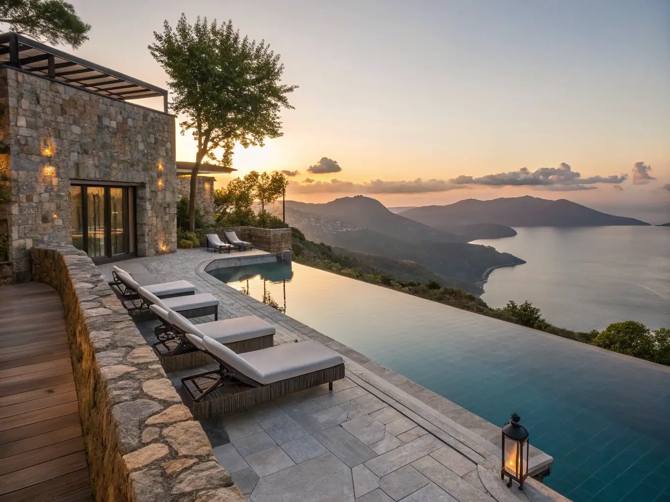 A private infinity pool at a Nine Hill Stay villa, with comfortable lounge chairs and umbrellas, overlooking the serene Lake Pichola and the Aravalli hills.