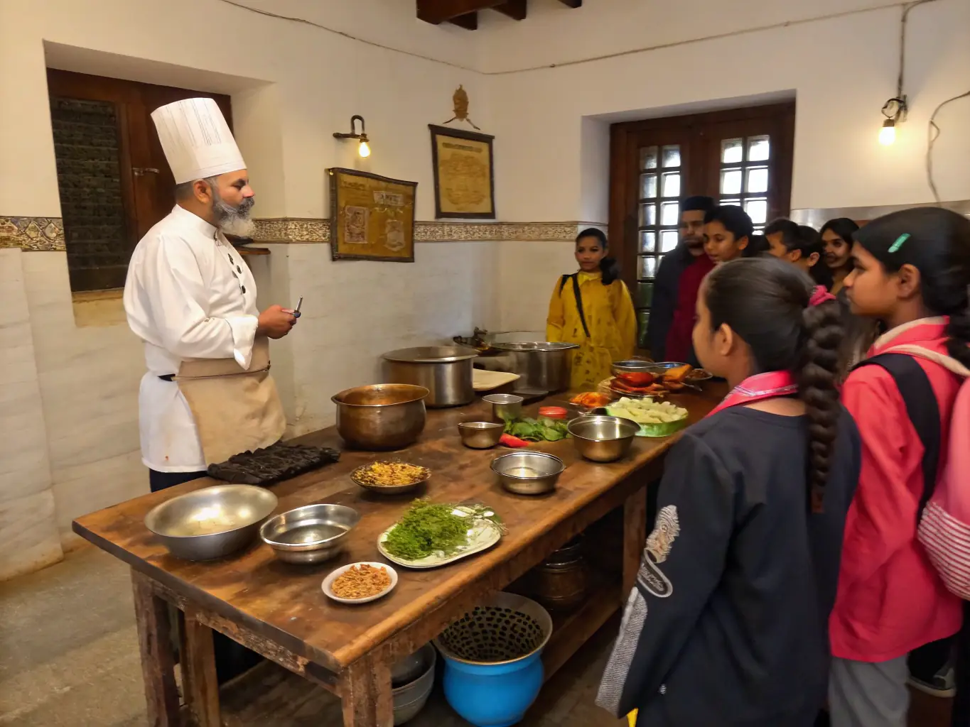 A vibrant image showcasing a cooking class in Udaipur, with participants learning to prepare traditional Rajasthani dishes, set in a rustic kitchen with colorful spices and utensils.