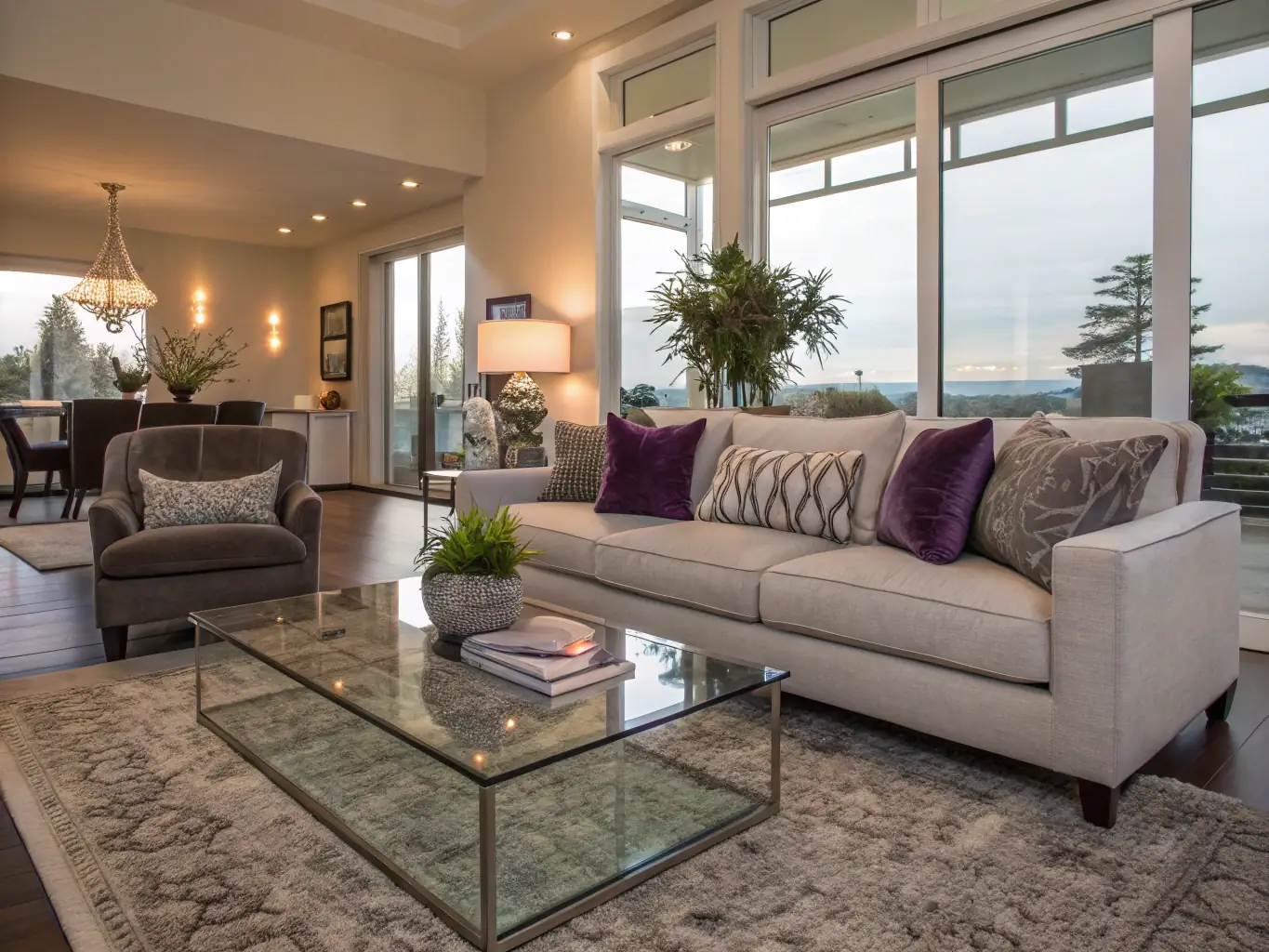A modern villa with a spacious living area and floor-to-ceiling windows offering panoramic views of the Aravalli Hills, highlighting the contemporary luxury of Nine Hill Stay villas.