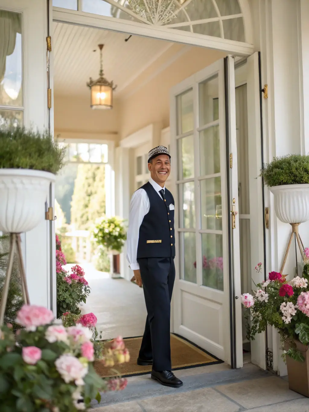 A friendly concierge assisting guests with check-in at a luxurious villa in Udaipur, Rajasthan, showcasing personalized service and hospitality.