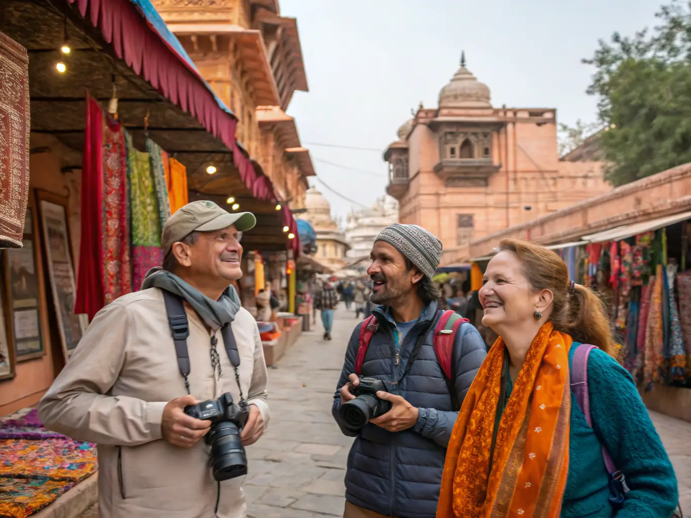 A captivating image of a guided heritage walk through the narrow streets of Udaipur, showcasing the city's historical architecture, bustling markets, and local artisans at work.