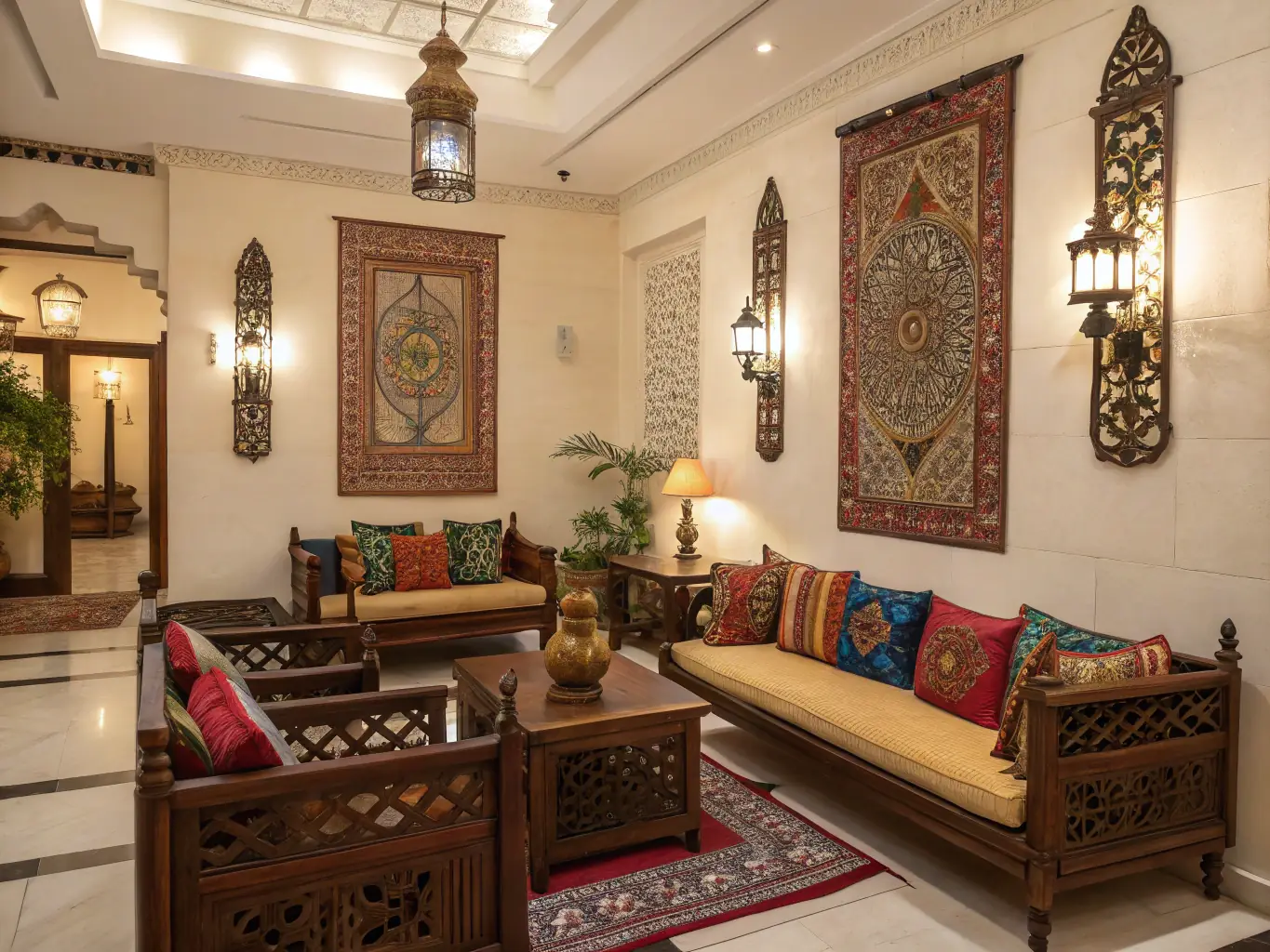 A beautifully decorated villa interior with traditional Rajasthani artwork, showcasing the cultural richness and luxurious comfort offered by Nine Hill Stay.