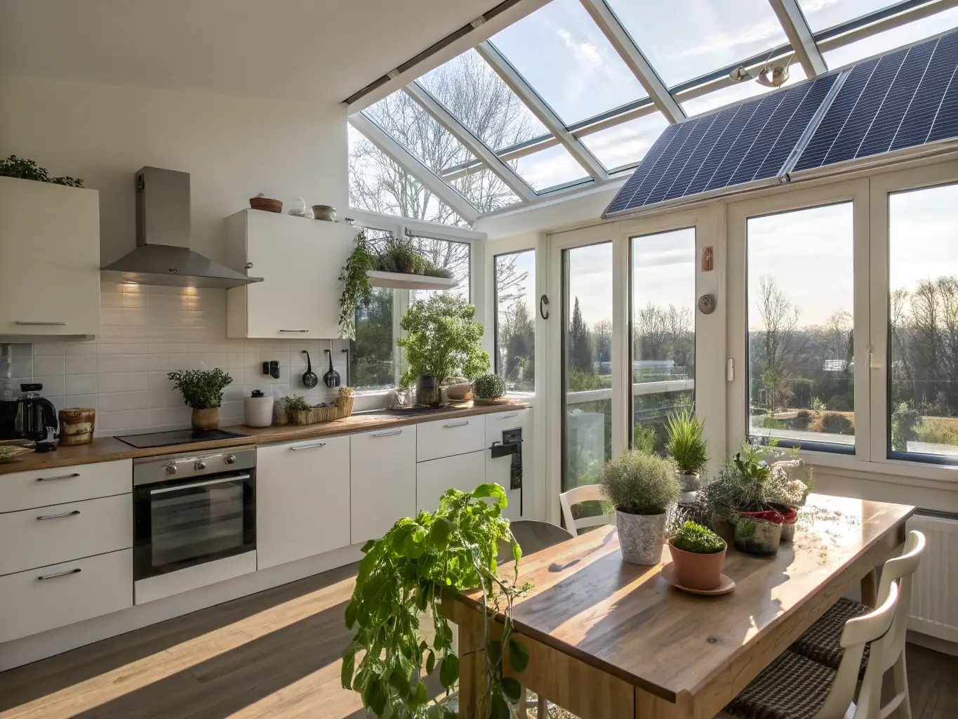 A modern, fully-equipped kitchen in a Nine Hill Stay villa, featuring stainless steel appliances, granite countertops, and a breakfast bar, bathed in natural light from a large window overlooking a garden.